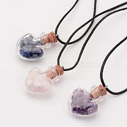 Glass Wishing Bottle Leather Cord Pendant Necklaces, with Natural Gemstone Chip Beads, Heart, 16.54 inch(NJEW-JN01616)