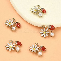 Alloy Enamel Pendants, Cadmium Free & Lead Free, ABS Plastic Imitation Pearl, Flower with Ladybug, Light Gold, Colorful, 13x16x4mm, Hole: 1.6mm(ENAM-YW0003-44)