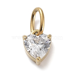 316 Stainless Steel Micro Pave Cubic Zirconia Charms, Heart, Golden, Clear, 8x6.5x5mm, Hole: 5x3mm(ZIRC-P108-01G-D)