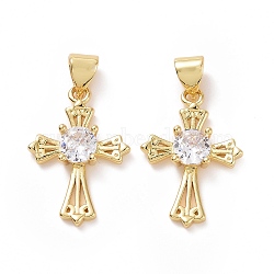 Brass Cubic Zirconia Pendants, Hollow Religion Cross Charm, Golden, 20x14x4mm, Hole: 3x5mm(ZIRC-I062-25G)