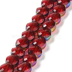 Electroplate Transparent Glass Beads Strands, Rainbow Plated Edge Beads , Faceted Flat Round, FireBrick, 5.5~6x6~7x3.5~4.5mm, Hole: 1~1.2mm, about 100pcs/strand, 20.79''(52.8cm)(EGLA-Z001-02A)