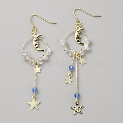 Plastic Beaded Dangle Earrings, Brass Moon & Star Tassel Asymmetrical Earrings, Light Gold, 76x22mm, 87x22mm(EJEW-WH0004-122)