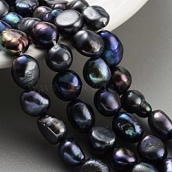 Dyed Natural Cultured Freshwater Pearl Beads Strands, Two Sides Polished, Grade 3A+, Black, 9~10mm, Hole: 0.7mm, about 17~18pcs/strand, 6.69~6.89 inch(17~17.5cm)(PEAR-P062-30D)