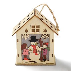 Christmas Theme Wood House Hanging Ornaments, with Electromagnetic Light, Snowman, 230mm(DJEW-B011-01)
