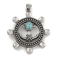 304 Stainless Steel & Synthetic Turquoise Rudder Big Pendants, Retro Viking Anchor Charms, Antique Silver, 53x47.5x10.5mm, Hole: 9x5mm(STAS-D110-07AS)