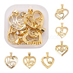 6Pcs 6 Style Brass Micro Pave Clear Cubic Zirconia Pendants, with Snap on Bails, for Mother's Day, Long-Lasting Plated, Heart with Word Mom, Real 18K Gold Plated, 16.5~18x17.5~19x2~4mm, Hole: 3.5~5x4mm, 1pc/style(ZIRC-LS0001-06G)