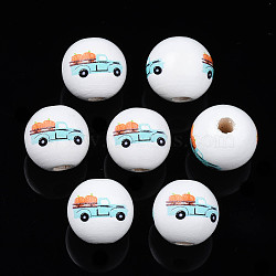 Autumn Theme Printed Natural Wood Beads, Round with Car with Pumpkin & Truck, Dark Turquoise, 15.5x14.5mm, Hole: 4mm(WOOD-S057-094)