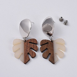 Ear Studs, with 304 Stainless Steel Findings, Brass Findings and Resin & Wood Pendants, Tropical Leaf Charms, Monstera Leaf, Beige, 54~56mm, Pin: 0.7mm(EJEW-JE03108-05)
