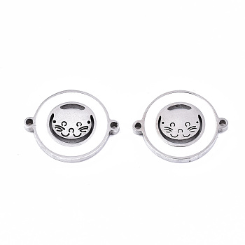 304 Stainless Steel Enamel Links Connectors, Laser Cut, Flat Round with Cat, White, Stainless Steel Color, 14.5x18.5x2mm, Hole: 1.2mm