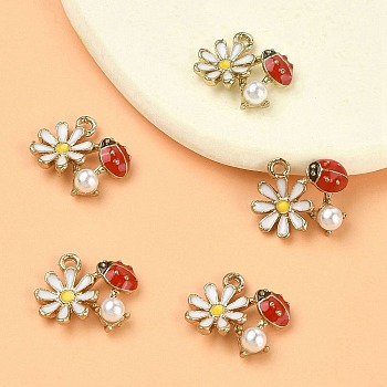 Alloy Enamel Pendants, Cadmium Free & Lead Free, ABS Plastic Imitation Pearl, Flower with Ladybug, Light Gold, Colorful, 13x16x4mm, Hole: 1.6mm