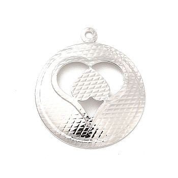Rack Plating Brass Pendants, Long-Lasting Plated, Flat Round with Heart Charm, Platinum, 19.5x16.5x2mm, Hole: 1mm
