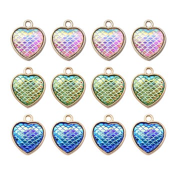 12Pcs 3 Colors Alloy Resin Pendants, AB Color, Heart Charms with Scales Pattern, Golden, Mixed Color, 16.6x14x3.5mm, Hole: 2mm, 4pcs/color