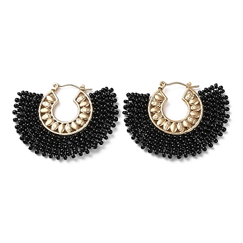 Woven Glass Beaded Half Round Hoop Earrings, with Vacuum Plating 304 Stainless Steel Pins, Black, 34x43x2mm