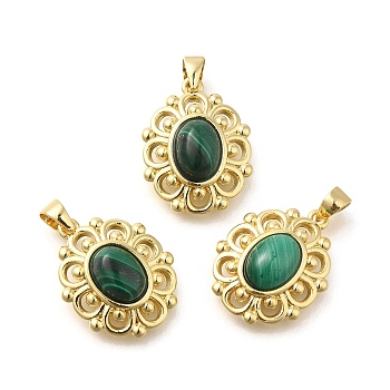 Natural Malachite Pendants, Rack Plating Golden Tone Brass Oval Charms, Long-Lasting Plated, 18x14x6mm, Hole: 3.5x3mm