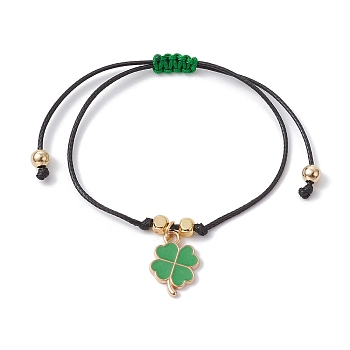 Alloy Enamel Clover Charm Bracelet, Braided Adjustable Bracelet, Green, Inner Diameter: 3-3/8 inch(8.6cm)