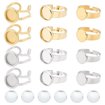 DIY Blank Dome Half Round Adjustable & Cuff Ring Making Kit, Including 201 Stainless Steel Pad Ring Settings, Glass Cabochons, Golden & Stainless Steel Color, 24Pcs/box