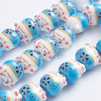 Handmade Printed Porcelain Beads, Lucky Cat, Sky Blue, 14x14x11.5mm, Hole: 2mm, about 25pcs/Strand, 12.20''(31cm)