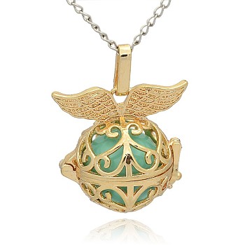 Golden Tone Brass Hollow Round Cage Pendants, with No Hole Spray Painted Brass Ball Beads, Medium Turquoise, 28x27x20mm, Hole: 3x8mm
