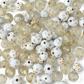 120Pcs 6 Styles Mixed Styles Acrylic Beads, Round with Star, Mixed Color, 7.5~10mm, Hole: 1.8~2mm 20pcs/style