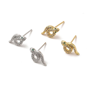 Rack Plating Brass Micro Pave Clear Cubic Zirconia Snake Stud Earrings, Long-Lasting Plated, Lead Free & Cadmium Free, Mixed Color, 12x6.5x2.5mm, Pin: 0.7mm