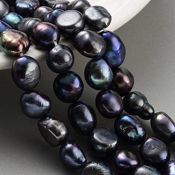 Dyed Natural Cultured Freshwater Pearl Beads Strands, Two Sides Polished, Grade 3A+, Black, 9~10mm, Hole: 0.7mm, about 17~18pcs/strand, 6.69~6.89 inch(17~17.5cm)