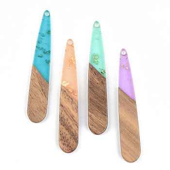 Transparent Resin & Walnut Wood Pendants, with Gold Foil, teardrop, , Mixed Color, 44x7.5x3mm, Hole: 1.5mm