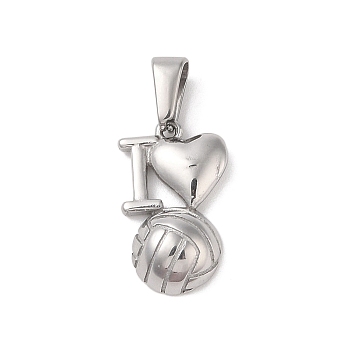 304 Stainless Steel Pendants, I Love Volleyball Charm, Stainless Steel Color, 21x12.5x4.5mm, Hole: 6x3mm