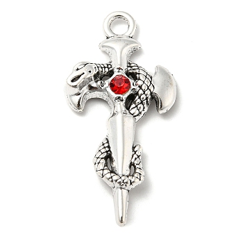 Alloy with Rhinestone Big Pendant, Sword with Snake Charms, Antique Silver, 54x26x5mm, Hole: 4mm