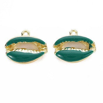 Rack Plating Alloy Pendants, with Enamel, Cadmium Free & Lead Free, Cowrie Shell, Light Gold, Green, 16.5x19x5.5mm, Hole: 1.6mm