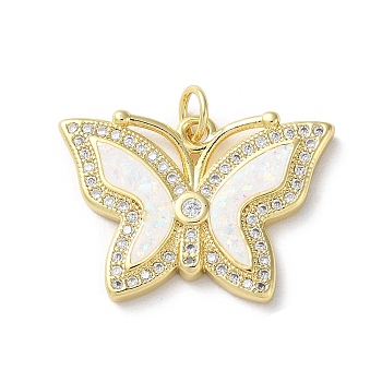 Brass Micro Pave Clear Cubic Zirconia Pendants, with Synthetic Opal and Jump Ring, Real 18K Gold Plated, Butterfly, 17x24x2.7mm, Hole: 3.6mm