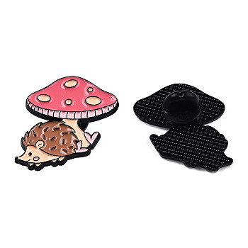Hedgehog with Mushroom Enamel Pin, Electrophoresis Black Plated Alloy Badge for Backpack Clothes, Nickel Free & Lead Free, Salmon, 25x26.5mm, Pin: 1.2mm