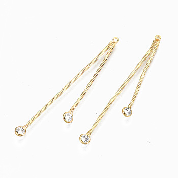 Brass Micro Pave Clear Cubic Zirconia Tassel Pendants, with Snake Chains, Nickel Free, Real 18K Gold Plated, 46x2x1mm, Hole: 1.2mm