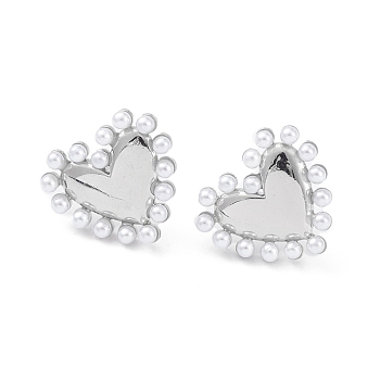 Heart Rack Plating Brass Stud Earrings for Women, with Plastic Pearl Bead, Long-Lasting Plated, Lead Free & Cadmium Free, Platinum, 14x15x2.5mm, Pin: 0.8mm