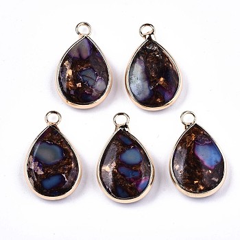 Teardrop Assembled Synthetic Bronzite and Regalite/Imperial Jasper Pendants, with Iron Loop and Brass Edge, Light Gold, Dyed, Medium Purple, 22~23x14x5~6mm, Hole: 2mm