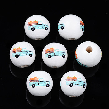 Autumn Theme Printed Natural Wood Beads, Round with Car with Pumpkin & Truck, Dark Turquoise, 15.5x14.5mm, Hole: 4mm