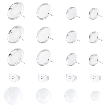 104Pcs DIY 304 Stainless Steel Stud Earring Making Kits, with Stud Earring Settings & Ear Nuts, Transparent Glass Cabochons, Silver, Tray: 8mm/10mm/12mm/14mm