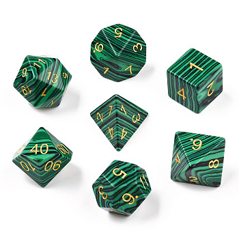 Metal Enlaced Synthetic Malachite Polyhedral Dice Set, RPG Game Crystal Stone Dice, 16.5~27x16.5~27x16.5~27mm, 7pcs/set