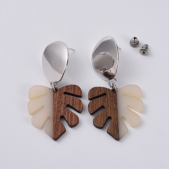 Ear Studs, with 304 Stainless Steel Findings, Brass Findings and Resin & Wood Pendants, Tropical Leaf Charms, Monstera Leaf, Beige, 54~56mm, Pin: 0.7mm