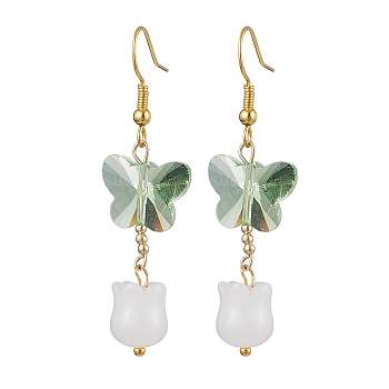 Butterfly Transparent Glass with Natural White Jade Dangle Earrings, Dark Sea Green, 53x15mm