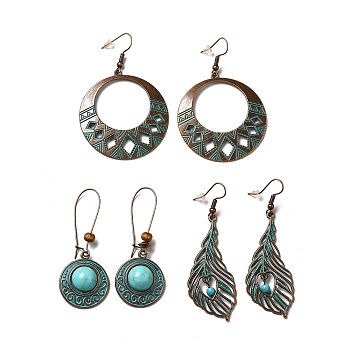 3 Pairs 3 Style Donut & Flat Round & Feather Alloy Dangle Earrings Set, Resin Beaded Long Drop Earrings for Women, Red Copper & Green Patina, 58~66mm, Pin: 0.8mm, 1 Pair/style