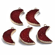 Natural Druzy Agate Pendants, Dyed, with Golden Plated Brass Edge and Loop, Moon, FireBrick, 28~31.5x21~22.5x7.5~10.5mm, Hole: 2mm(G-Q998-037B)