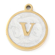 Ion Plating(IP) 201 Stainless Steel Pendants, with White Enamel, Real 18K Gold Plated, Flat Round with Letter, Letter V, 18.5x15.5x2mm, Hole: 1.6mm(STAS-K288-02G-V)