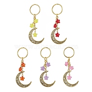 Tibetan Style Alloy Hollow Moon Pendant Keychain, with Acrylic Star Charm and Iron Split Key Rings, Mixed Color, 9.2cm(KEYC-JKC00690)