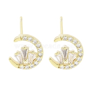 Brass Pave Clear Cubic Zirconia Stud Earring, Moon, Real 18K Gold Plated, 10x9.5mm(EJEW-S217-G06)