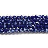 Opaque Solid Color Electroplate Glass Beads Strands, Pearl Luster Plated, Faceted, Bicone, Dark Blue, 4x4mm, Hole: 0.8mm, about 87~98pcs/strand, 12.76~14.61 inch(32.4~37.1cm)(GLAA-F029-P4mm-C10)