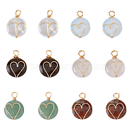 12Pcs 6 Styles Natural & Synthetic Mixed Stones Copper Wire Wrapped Pendants, Natural Red Rainbow Jasper & Quartz Crystal & Green Aventurine & Rose Quartz & Tiger Eye, Opalite, Flat Round Charm with Heart, Real 18K Gold Plated, 22x16x5.5mm, Hole: 3~4.5mm, 2pcs/style(G-FH0001-99)