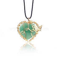 Natural Green Aventurine Metal Wire Wrapped Heart Pendants, Golden Plated Butterfly Charms, 42x37mm(PW-WG13885-04)