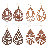 4 Pairs 4 Styles Natural Wood Hollow Out Teardrop Dangle Earrings, Iron Jewelry for Women, Mixed Color, 92~101mm, Pin: 0.8mm, 1 Pair/style(EJEW-AN0003-55)
