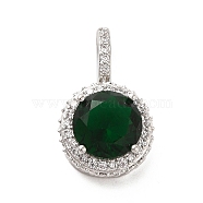 Brass Micro Pave Clear Cubic Zirconia Pendants, with Glass, Long-Lasting Plated, Flat Round, Dark Green, 20x12.5x6.5mm, Hole: 5x2mm(KK-M275-58P)