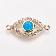 Brass Micro Pave Cubic Zirconia Links, with Synthetic Opal, Eye, Golden, Blue, 9x20x3mm, Hole: 1mm(KK-L161-08G-D)